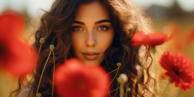 Foto young woman in a vintage dress holding a red poppy flower up to her face in a vibrant field of poppies generative ai