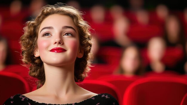 A young woman in a vintage dress is mesmerized by an elegant theater performance in a lavish
