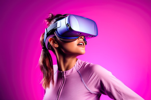 Young woman virtual reality fitness studio light purple background