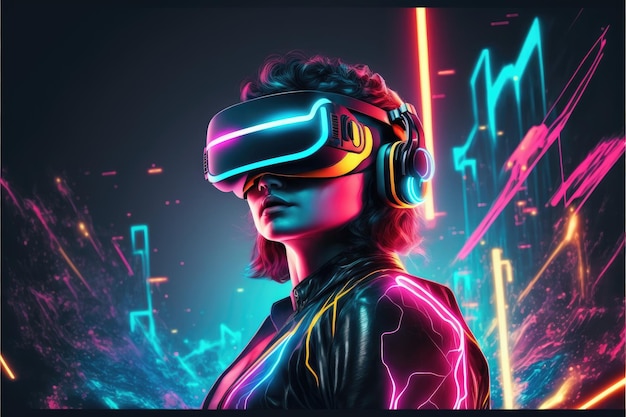 バーチャル リアリティ ヘッドセットでビデオ ゲームをプレイする VR メガネをかけた若い女性
