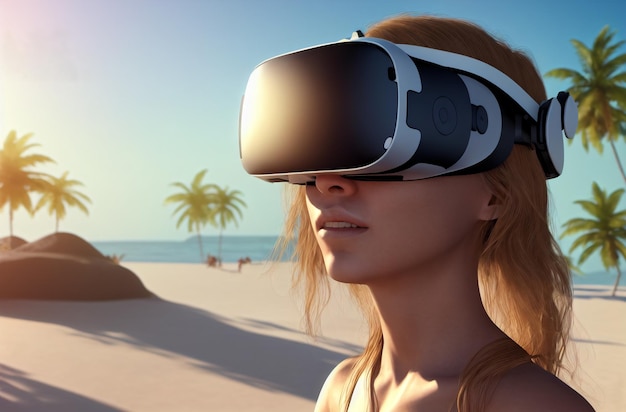 Молодая женщина в очках виртуальной реальности на фоне тропиков Портрет удивленной женщины в очках виртуальной реальности Генеративный ИИ