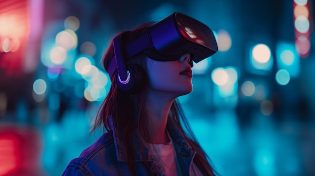 Young woman in VR helmet experimenting immersive experience at night Virtual Reality neon glow