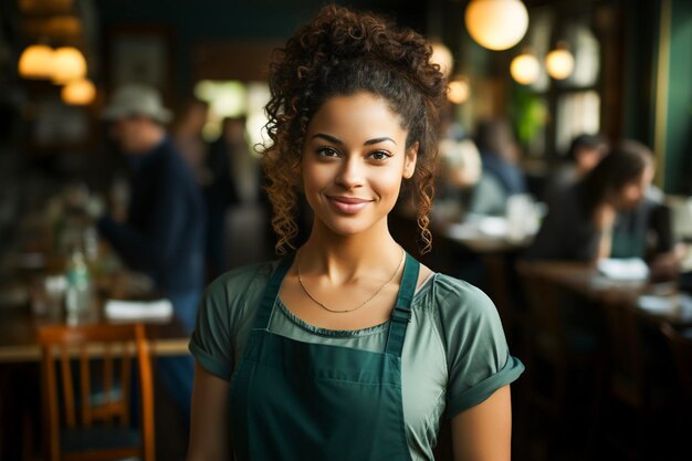 Young woman waiter ready to take orders Coffee shop barista and confident happy and proud young