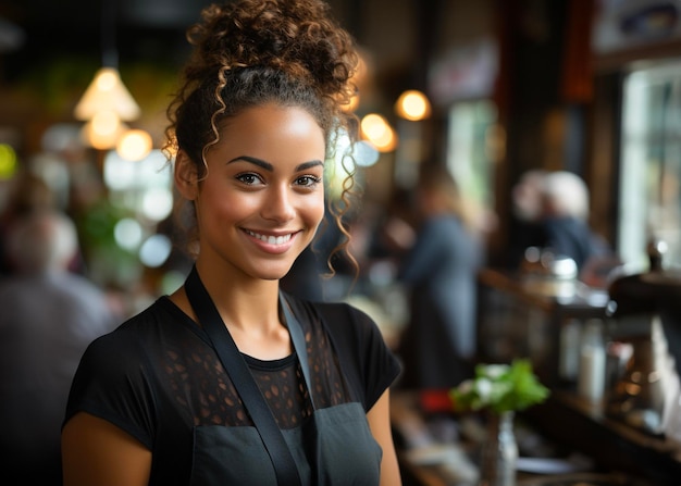 Young woman waiter ready to take orders at coffee shop