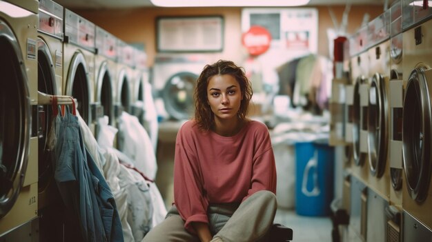 Young woman waiting in a laundry room