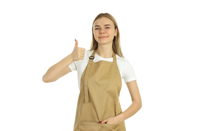 Young woman waitress isolated on white background