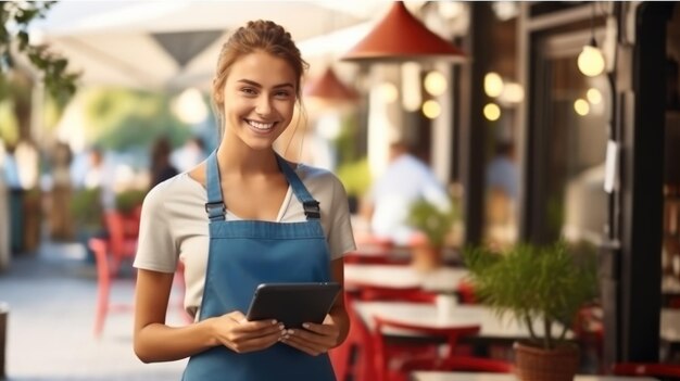 Young woman waitress smiling confident using digital tablet at coffee shop terrace