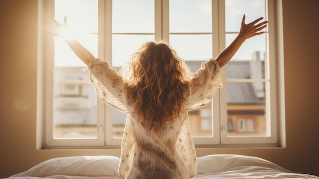 Young woman waking up in the morning stretching on the bed