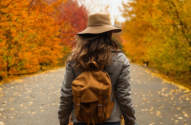 молодая женщина гуляет по осеннему парку с множеством желтых и золотых листьев