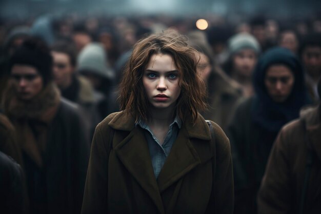 young woman walking in a bad mood through the crowd