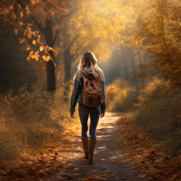 Молодая женщина гуляет в красивой осенней природе