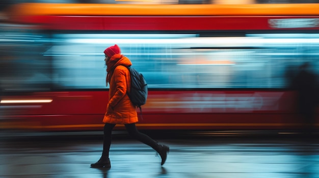 Young woman walking in the city with a backpack on her back Blurred motion