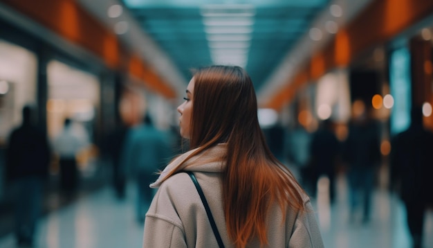 Young woman walking in a crowded subway station during rush hour generated by artificial intelligence