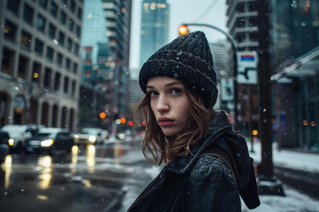 Young woman walking down the streets of a busy city