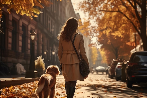 young woman walking her dog in the city in autumn day sun shines view from behind AI Generated