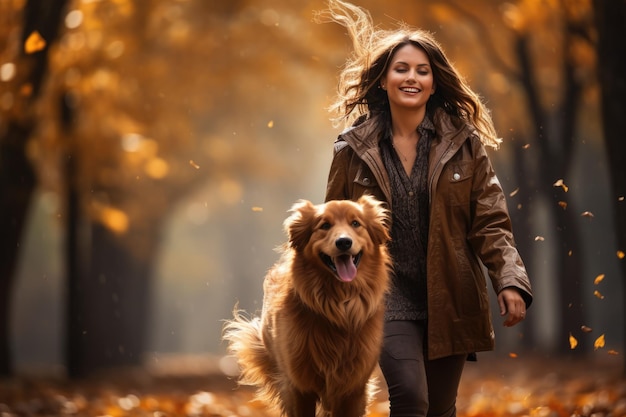 Young woman walking her dog in the park in autumn day view from behind ai generated