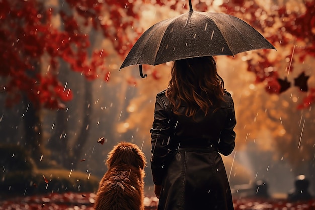 young woman walking her dog in the park in rainy autumn day sun shines AI Generated