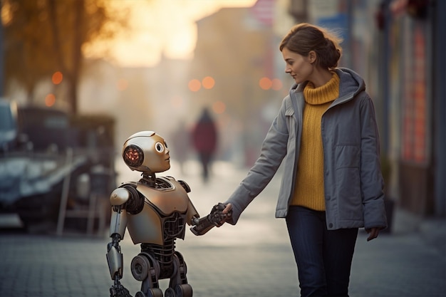 Foto giovane donna che cammina all'aperto con un robot ad intelligenza artificiale