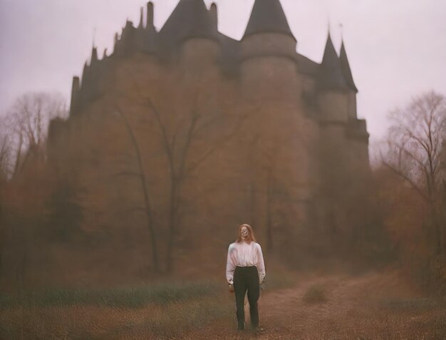young woman walking through a castle in the fog