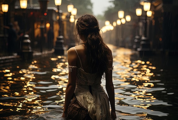 사진 정통 한 세부 사항 의 스타일 에서 거리 에서 홍수 된 물 을 통해  ⁇ 고 있는 젊은 여자
