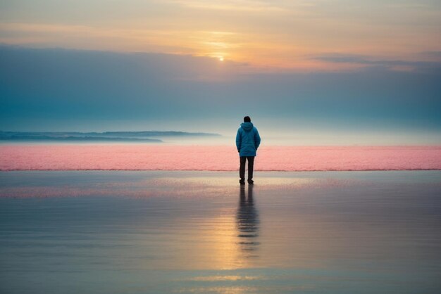 A young woman walks along the coastline beautiful seascape