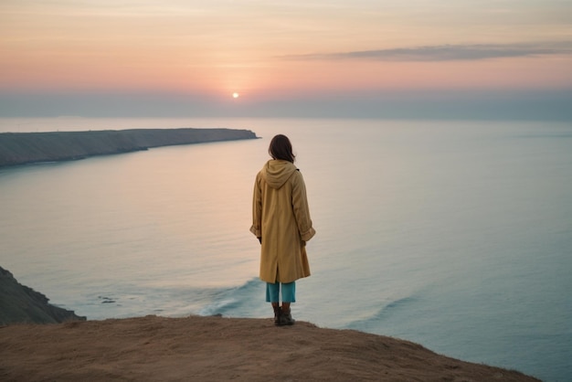 A young woman walks along the coastline beautiful seascape