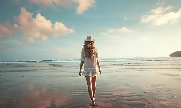 young woman walks on beach alone