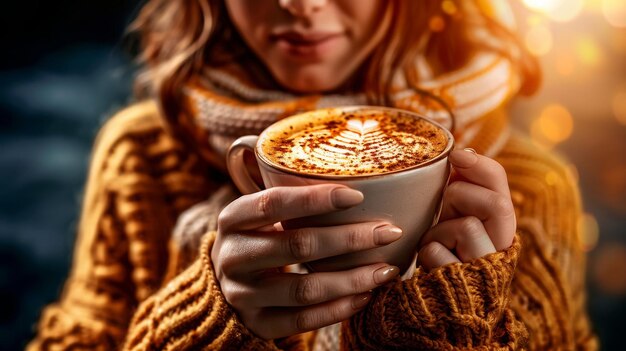 young woman in a warm knitted sweater holds a cup of hot cocoa in her hands closeup top view Aut