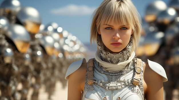 Young woman warrior in brutal futuristic style clothes with car