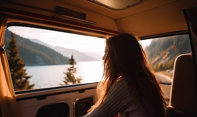 The young woman was sitting in a camper van looking out at the mountains Creating using generative AI tools