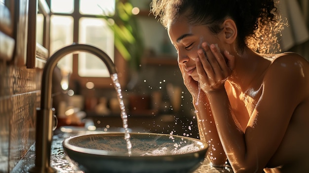 Foto giovane donna che si lava la faccia nel lavandino