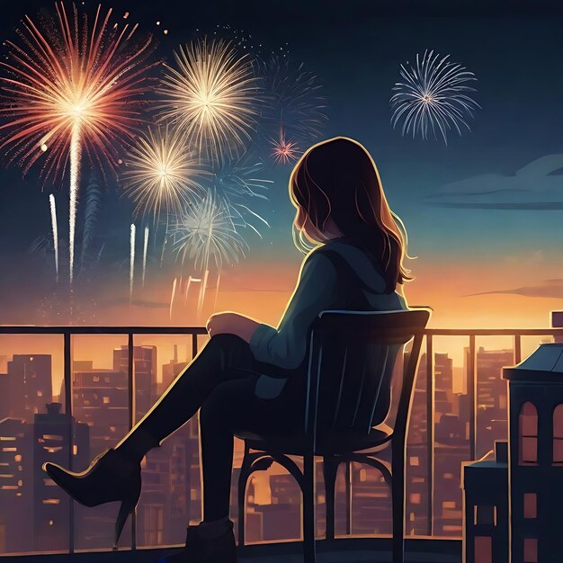 写真 若い女性がバルコニーから新年の夜の花火を見ている