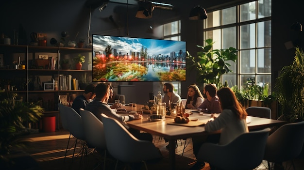 young woman watching tv with friends