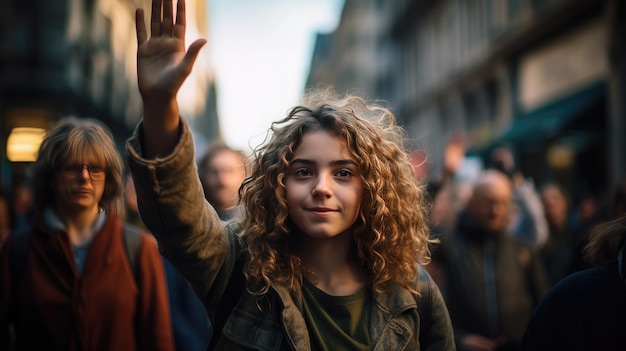 A young woman waving her fist in protest Generative Ai