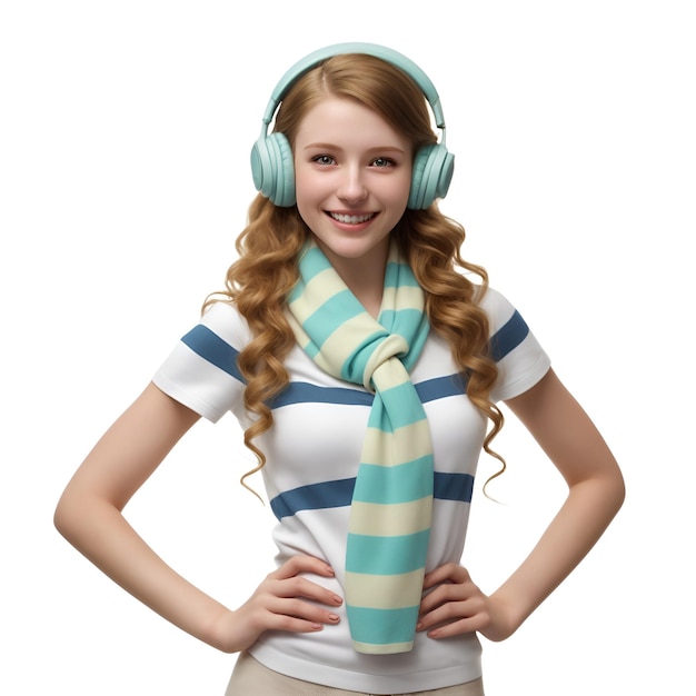 Молодая женщина носит наушники Bluetooth и улыбается с искусственным интеллектом