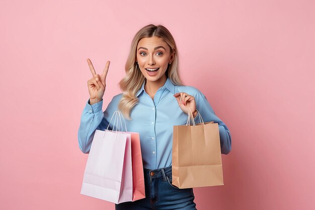 Foto giovane donna in abiti casuali con la carta da spesa confezionata.