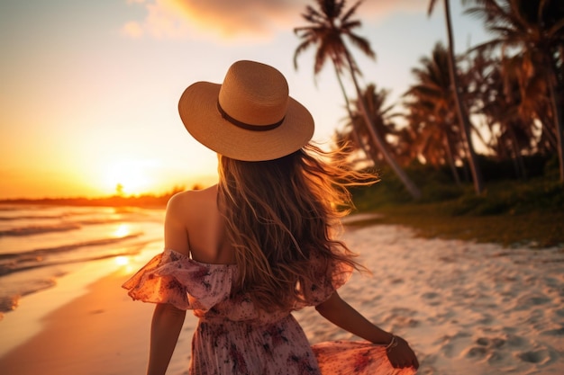 若い女性は軽いドレスを着て、帽子を手に、夏に熱帯の砂浜を一人で歩いています