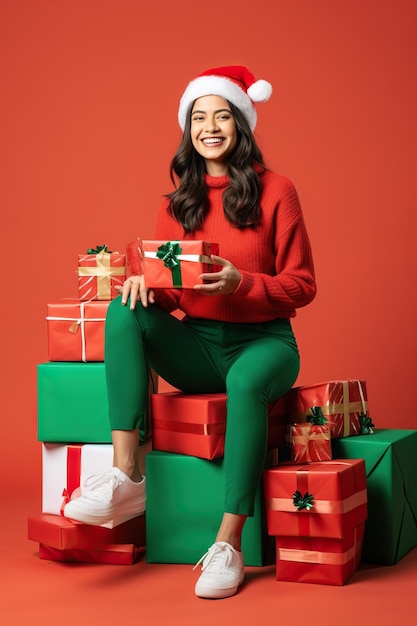 Photo young woman wear turtleneck santa hat posing hold present boxes with gift bow isolated on color studio background