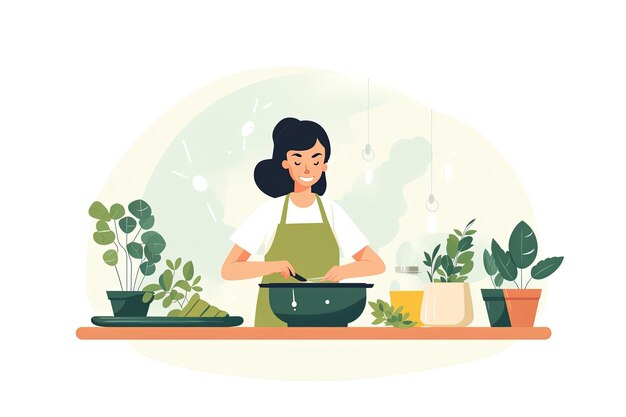 young woman wearing apron cooking on white background Cartoon flat illustration