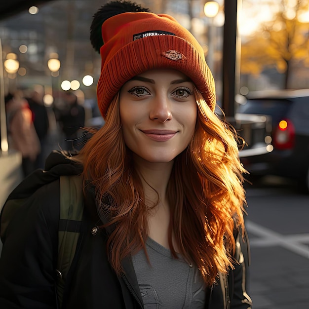 Young woman wearing a beanie in dark red and light orange