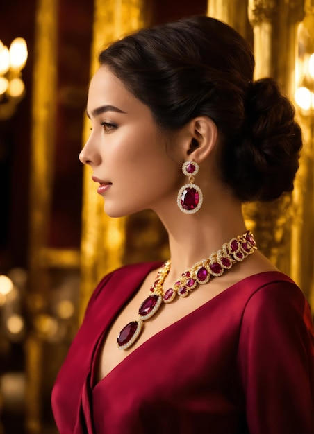 Young woman wearing a beautiful necklace and earrings with rubies