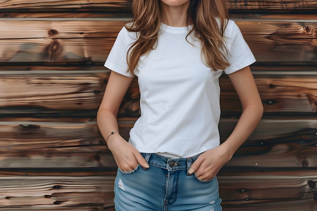 Young woman wearing bella canvas white shirt mockup at dark wooden wall background Design tshirt template print presentation mockup