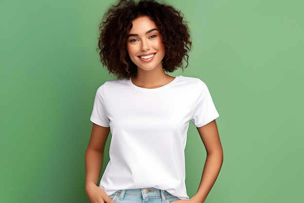ベラ・キャンバスを着た若い女性緑の背景の白いシャツのモックアップデザインのシャツのテンプレートプリントのプレゼンテーションのモックアップがAIで生成されました