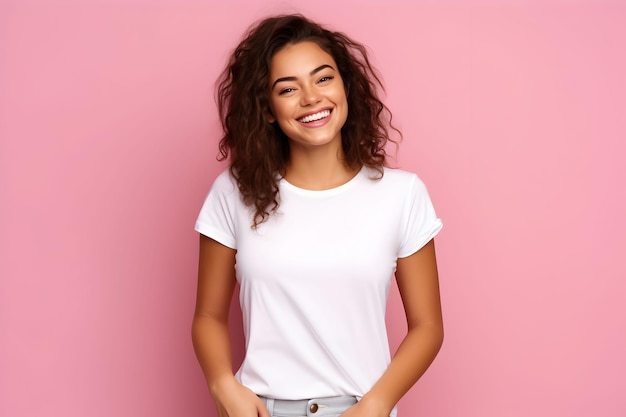 Photo young woman wearing bella canvas white shirt mockup at pink background design tshirt template print presentation mockup ai generated