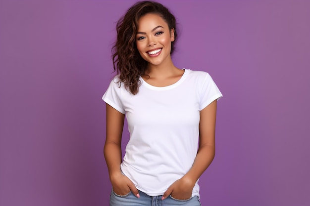 Young woman wearing bella canvas white shirt mockup at purple background Design tshirt template print presentation mockup AI generated