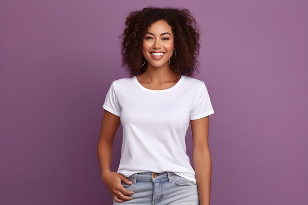 Young woman wearing bella canvas white shirt mockup at purple background Design tshirt template print presentation mockup AI generated