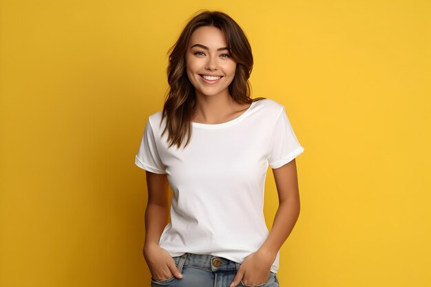 黄色の背景にベラ キャンバスの白いシャツのモックアップを着ている若い女性 デザイン t シャツ テンプレート印刷プレゼンテーション モックアップ AI が生成