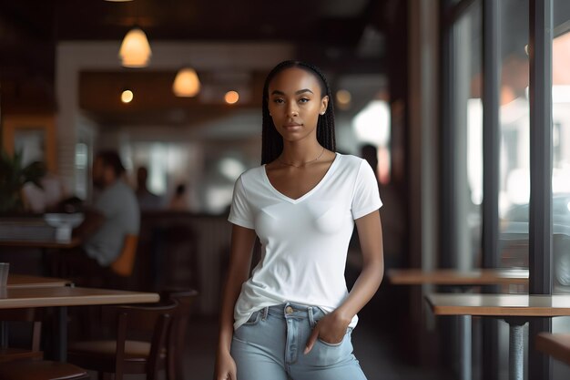 Young woman wearing bella canvas white t shirt and jeans at a cozy restaurant on summers day Design tshirt template print presentation mockup Ai generated