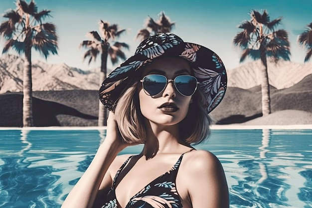 写真 スイミング プールで大きなサングラスと帽子をかぶった若い女性 熱帯休暇のヤシの木と青空 生成 ai