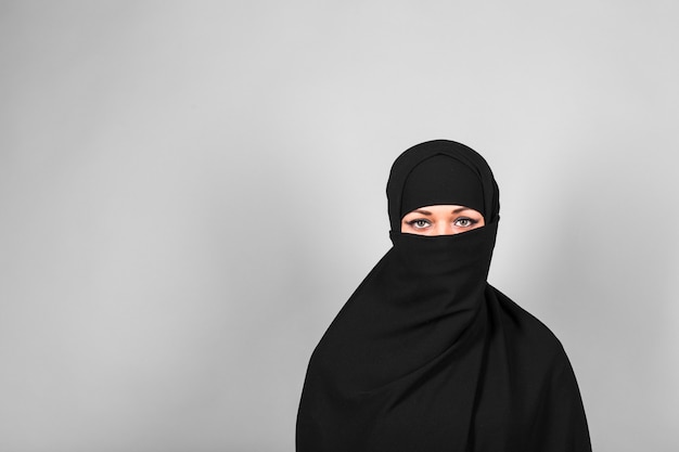 Young woman wearing black niqab on background.